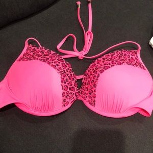 Hot pink leopard and lace bikini top